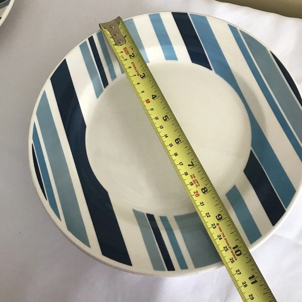 Pier 1 Marea Dinner Blue‎ & White Stripes Earthenware Made in Italy set of 4